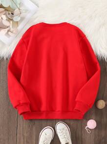 SHEIN Tween Girl Casual Heart Gesture Print Basic Crew Neck Fleece Sweatshirt For Autumn Winter (Matching Daddy And Me (4 Pieces Are Sold Separately) - Red - View 2
