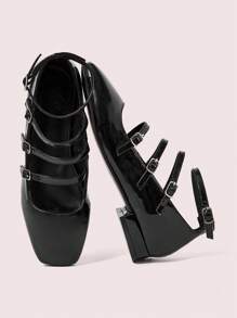 CUCCOO DOLLMOD Women's Black Multi-Strap Low Heel Square Toe Mary Jane Flats, Suitable For Commuting, Dating, Gathering, Strolling, And Parties Valentine's Day - Black - View 9