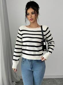 SHEIN Unity Femmes Casual Col Rond Manches Longues Pull Tricoté à Rayures, Automne/Hiver - Nude - Voir 5