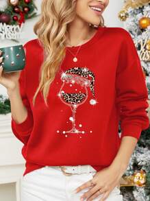 SHEIN EZwear Casual Minimalist Wine Glass Print Crew Neck Loose Fit Women Sweatshirt, Autumn/Winter - Red - View 4