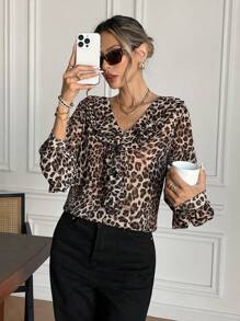 SHEIN Frenchy 女式秋季宽松豹纹荷叶边长袖衬衫 - 彩色 - 查看 3