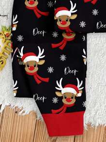 男婴圣诞可爱鹿印花休闲简约修身圆领舒适长袖上衣和长裤睡衣套装，适合秋冬季 - 彩色 - 查看 4