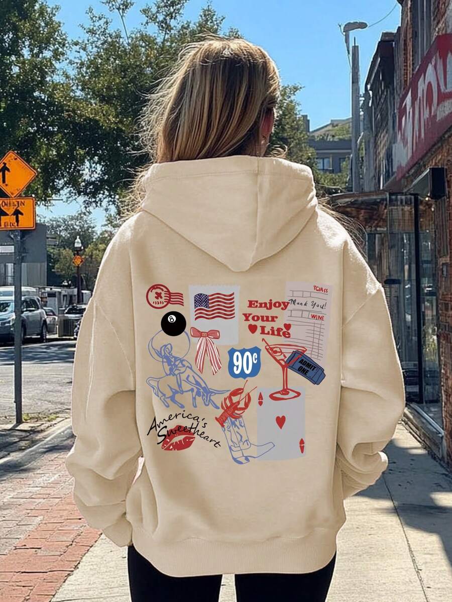 SHEIN EZwear Áo nỉ có mũ trùm đầu in chữ và cờ Mỹ cho nữ - Màu be - Xem 1