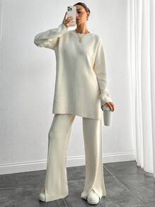 SHEIN Tall Casual minimalist enfärgat set med raglanärmströja och byxor i 2 delar, höst/vinter, för långa kvinnor, loungewear, krämvit - Beige - Visa 4