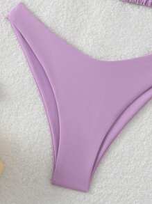 SHEIN Swim Bộ đồ bơi bikini buộc dây lưng màu trơn cho nữ mùa hè - Màu tím - Xem 4
