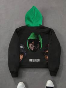 Manfinity EMRG Felpa oversize con cappuccio a blocchi di colore, con stampa frontale e posteriore di caratteri di hip-hop secondo la moda giovanile da strada. Felpa verde adatta per l atmosfera natalizia e l uso quotidiano, perfetta come regalo per amici, marito o fidanzato.