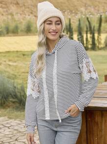 LanaWest Women's Autumn Patchwork Striped Long Sleeve Hooded Loose Casual Sweatshirt Pullover Fall - White - View 4