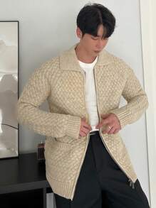DAZY 男士纯色前拉链长袖口袋休闲上衣，日常穿着夹克秋冬 - 米色 - 查看 3