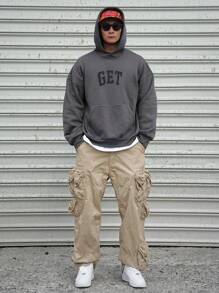 DAZY 男士字母印花口袋长袖休闲套头连帽衫，秋季服装 - 黑色 - 查看 5