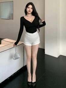 Joudiya 女士休闲纯色扭结长袖 T 恤，秋冬，秋季女装 - 黑色 - 查看 4