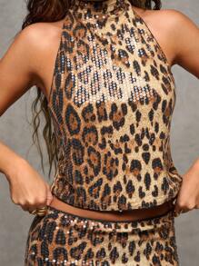 SHEIN BAE Women Leopard Print Halter Backless Sequin Patchwork Sexy Backless Tank Top - Chocolate Brown - View 6