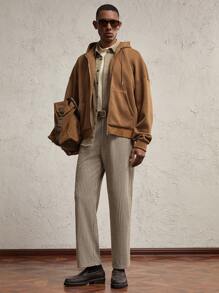 AKNOTIC Business Casual 男士针织字母贴花宽松落肩拉链运动衫，适合秋冬季节，街头装度假长袖全拉链连帽衫，适合朋友、丈夫、男朋友的礼物 - 棕色 - 查看 4