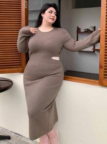 Dazy Plus Hollow Out Round Neck Bodycon Sweater Dress,Fall Women Clothes - Khaki - View 1