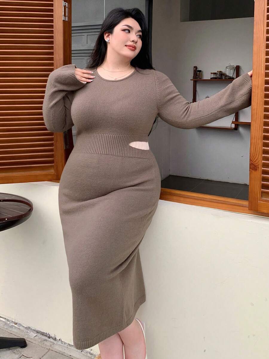 Dazy Plus Hollow Out Round Neck Bodycon Sweater Dress,Fall Women Clothes - Khaki - View 1