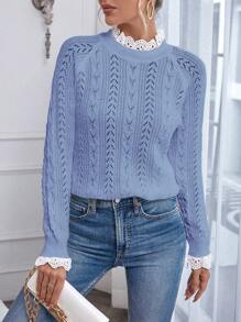 SHEIN LUNE 女士秋冬拼接刺绣立领插肩袖镂空针织套头衫 - 藍色 - 查看 4
