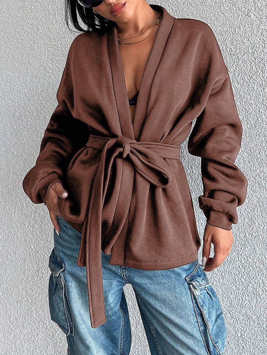 Cottnline Cotton Brushed Back Fabric  Opening Front Placket  With Belt Lace Up Coat - Brown - View 1