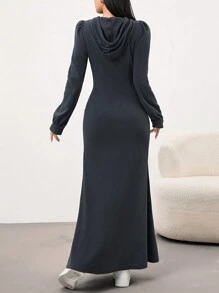 Mulvari 女士纯色长袖休闲连帽长连衣裙 - 深灰色 - 查看 6