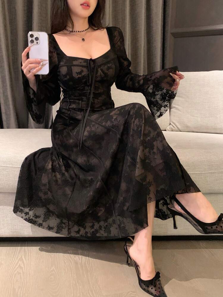 Women's Spring/Summer Lace Mid-Calf Party Dress Elegant, Ruffle Fall, Winter Dress