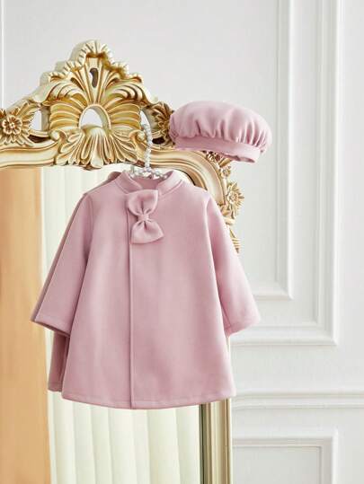 SHEIN 女婴优雅简约蝴蝶结夹克和帽子，秋冬