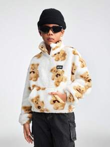 SHEIN Tween Girls Spring/Summer Basic Fuzzy Bear Pattern Thermal White Baggy Long Sleeve Sweatshirt - White - View 3