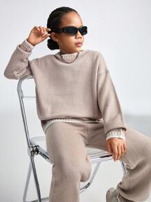 SHEIN Tween Girl 拼色圆领落肩长袖毛衣和针织裤休闲装，秋冬 - 卡其色 - 查看 3