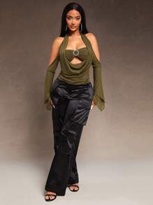 SHEIN SXY 新年优雅性感夜店必备情人节休闲街头Y3K ICON军绿色网布假两件长袖吊带上衣 - 軍綠色 - 查看 5