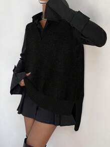 Chiquease Women Solid Color V-Neck Loose Casual Sweater Vest, Autumn/Winter - Black - View 1