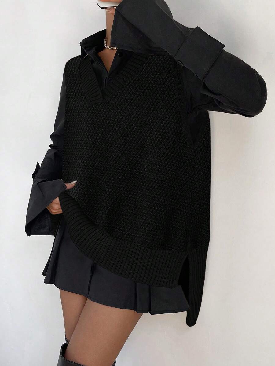 Chiquease Women Solid Color V-Neck Loose Casual Sweater Vest, Autumn/Winter - Black - View 1