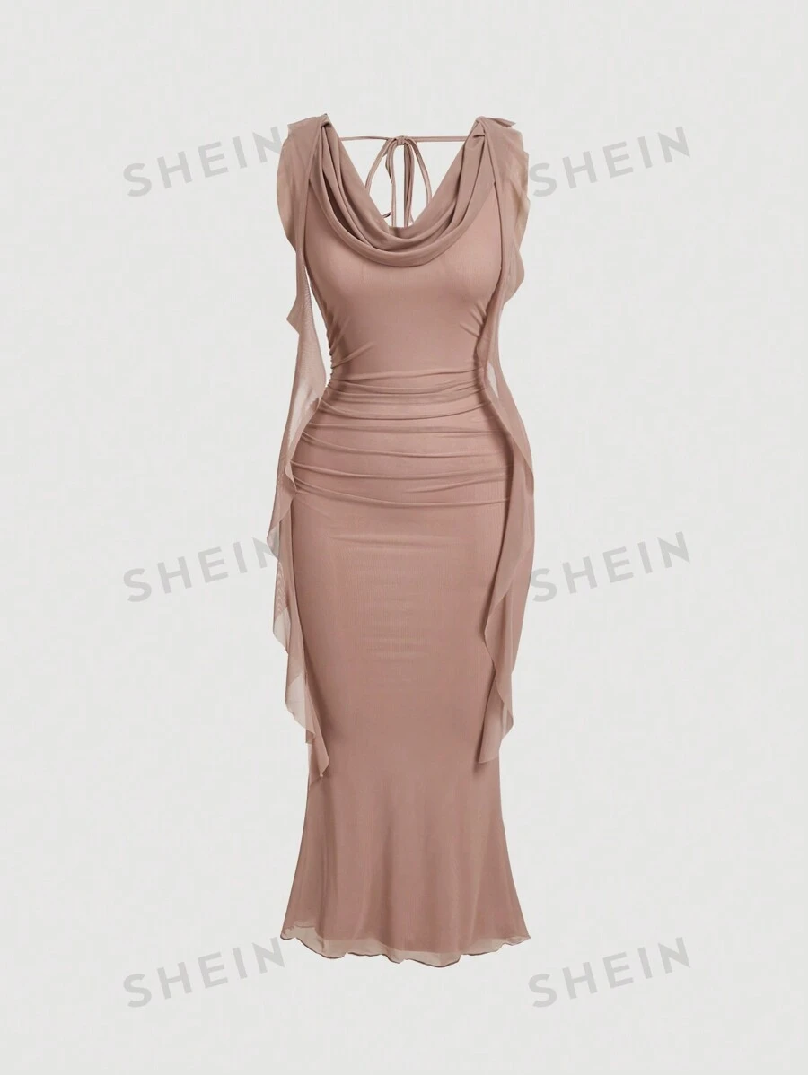 SHEIN MOD Vestido midi para mujer con escote profundo, cinturón y panel de malla, color rojo - Rosa vieja - Ver 1