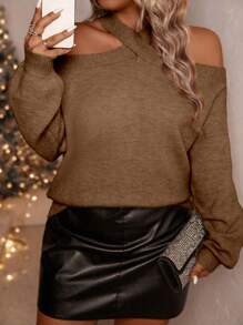 SHEIN Clasi Suéter de punto casual de manga larga con hombros abiertos para mujer de talla grande, suéter de punto de otoño/invierno