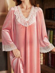 多层蕾丝拼布复古 V 领天鹅绒长袖睡袍长袖睡袍睡衣连衣裙丝绸睡袍女士睡衣 - 藕粉色 - 查看 6