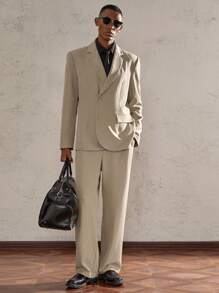 AKNOTIC Business Casual 2pcs/Set Men's Khaki Metal Button Slim Fit Woven Casual Fashion Suit Set, Suitable For Office, Daily Wear, And Parties - Khaki - View 1