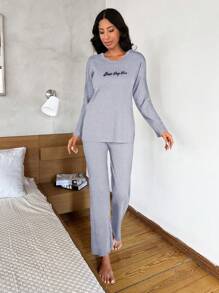 RueChic Slogan Ribbed Knit Lounge Set - Grey - View 5