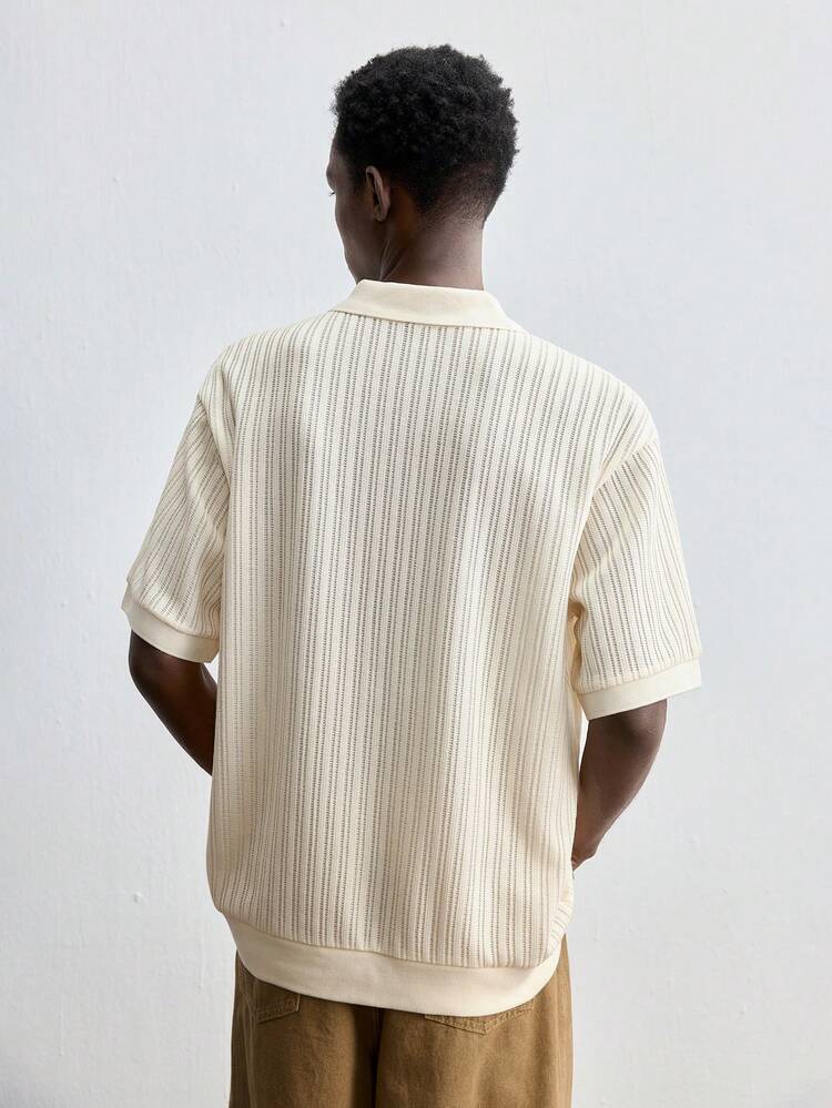 SHEIN Maija Men's 2025 Spring/Summer Loose Fit Casual Regular Collar Fashionable Commute Asymmetric Stripe Short Sleeve Half-Placket Polo Shirt, Suitable For Daily Wear, Holidays, New Year Parties, Valentine's Day, Dates