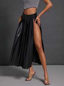 Hauture 1pc Women Solid High Waist Pleated Side Slit Maxi Skirt - Black - View 3