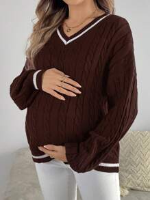 SHEIN Maternity Solid Color Patchwork V-Neck Casual Sweater