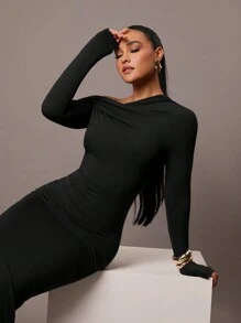 Silquee 女士简约日常约会、优雅派对、长袖、修身、性感纯色弹力针织连衣裙，斜肩领设计，浪漫约会、秋冬打底针织连衣裙、夜间外出连衣裙、万圣节和圣诞节长裙 - 黑色 - 查看 5