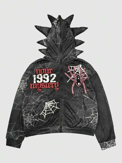 Grunge Punk Men's Long Sleeve Zip-Up Printed Casual Street Style Sweatshirt