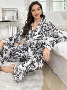 LuxeNights Bubble Wrinkle Print Lapel Collar Long Sleeve Top & Pants Pajama Set, Fall Winter Clothes Cozy And Elegant Details - Black - View 4