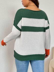SHEIN LUNE Suéter holgado de punto casual con cuello redondo y rayas de color contrastante para mujer de talla grande, suéter de punto de otoño/invierno - Multicolor - Ver 2