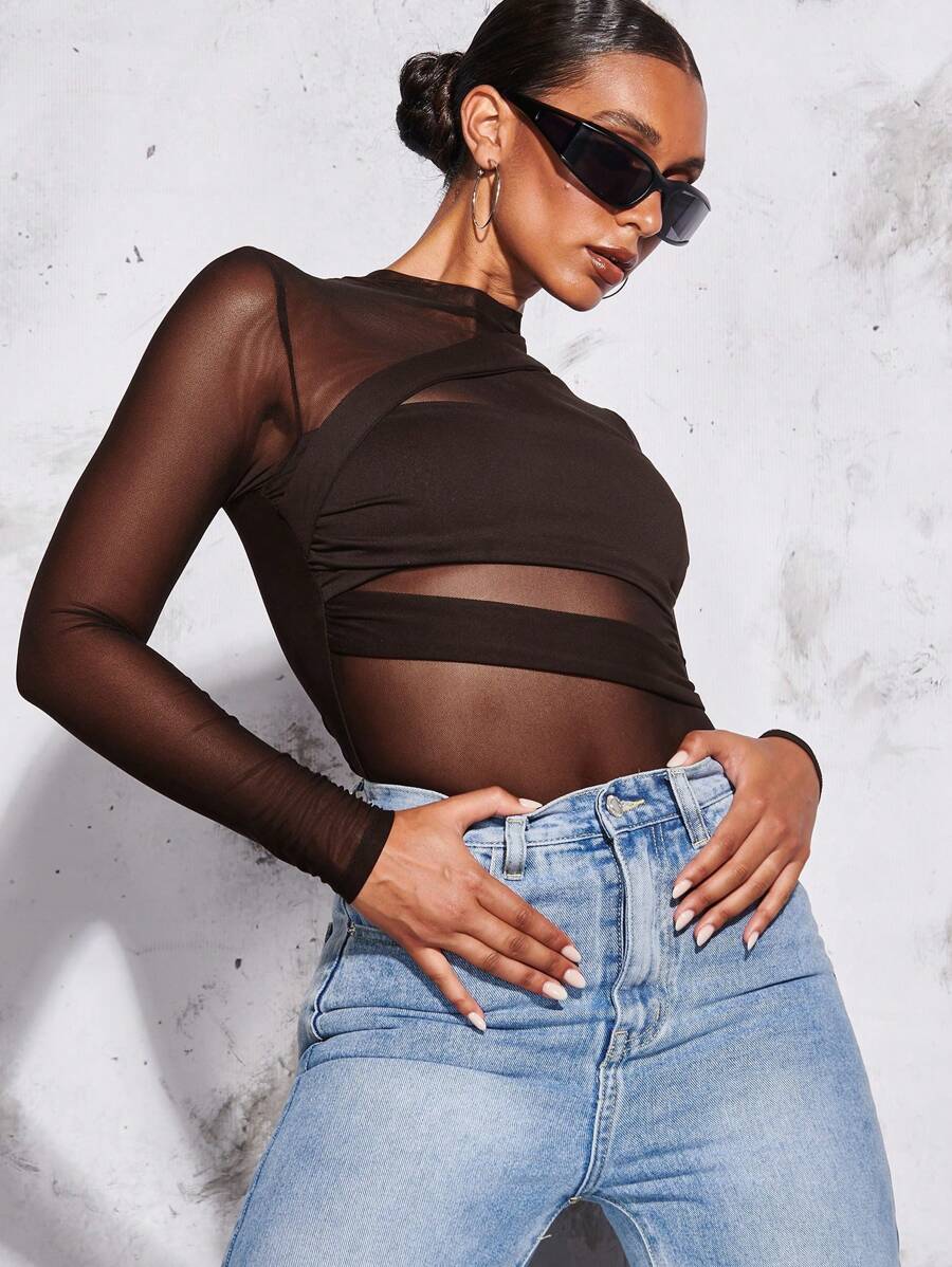 SHEIN BAE Bộ đồ liền thân gợi cảm màu trơn cổ đứng tay dài lưới tương phản cho nữ - Cà phê nâu - Xem 1