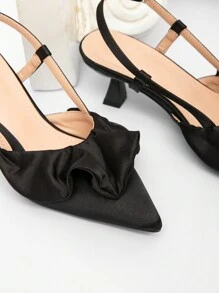 CUCCOO CHICEST Women's Black Elegant Ruffled Satin Pointed Toe Low Heel Hollow-Out Pumps Valentines