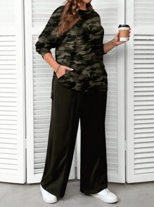 EMERY ROSE Bộ áo hoodie in họa tiết rằn ri tối giản giản dị, cỡ lớn, mùa thu/đông - trắng - Xem 3