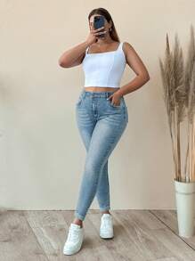 SHEIN Cottnline WOMEN PLUS SIZE SKINNY HIGH WAIST JEANS - Light Wash - View 5