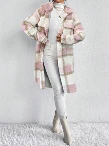 Chiquease 女式格子长袖羊羔绒领单排扣长款休闲夹克秋冬季