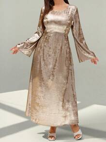 Celure Plus Size Women's Round Neck Flare Sleeve Loose Metallic Fabric Elegant Dress For New Year Holiday Party Clothes Maxi Women Outfit