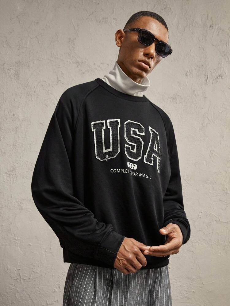 Men's Letter Print Color Block Loose Drop Shoulder Crew Neck Casual Long Sleeve Pullover Sweatshirt, Autumn/Winter Going Out Black Embroidered Letter Rapper Back To School Color Block Sweatshirt, For Friends, Husband, Boyfriend Gifts