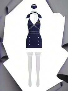 Elegant Blue Female Flight Attendant Costume Uniform For Rave - Navy Blue - View 6