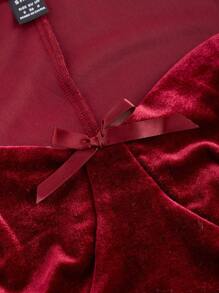 SHEIN MOD Square Collar Ruched Waist Long Sleeve Velvet Burgundy Dress - Burgundy - View 3