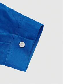 Manfinity Hypemode 大码男士休闲纯色长袖单排扣宽松衬衫，秋季 - 藍色 - 查看 4